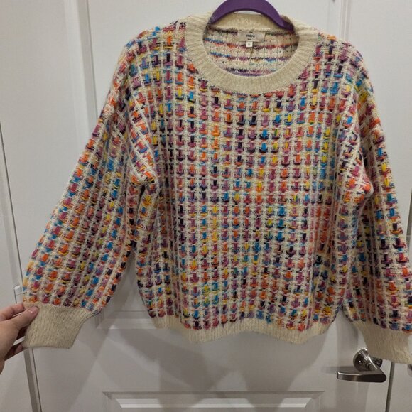 Chunky Knit Pullover Sweater Rainbow Checkered Fuzzy SZ Small - Picture 1 of 9